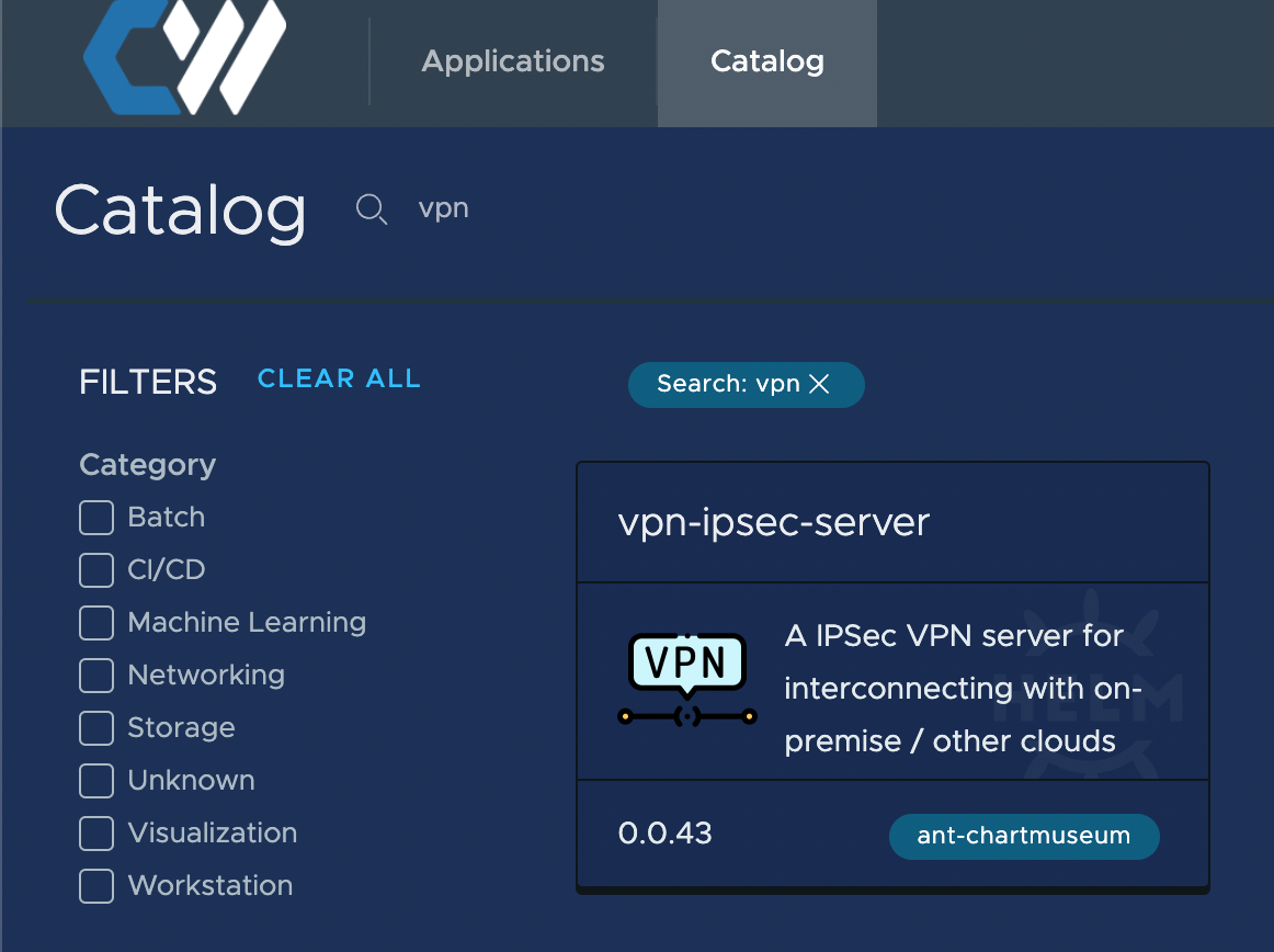 The applications page on CoreWeave Cloud, with a search filter for "vpn"